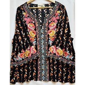 Savanna Jane Floral Embroidered Tunic Top 2XL Boho Artsy Festival Indie Western